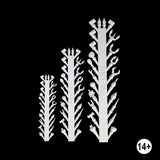 Three white plastic miniature tool sprues with various small sculpted parts, arranged vertically on a solid black background. A white circular '14+' age rating symbol is in the bottom right corner.