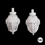 imperial knight armiger twin heads shown front on, robotic head with a large single eye partially shrouded by an armoured face plate