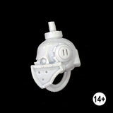Armiger replacement masked skull head, a human like skull set with orb like eyes with the lower half of the face covered by an armoured half mask, looping cables set below