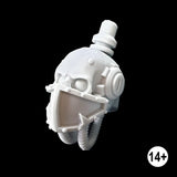 imperial knight masked skull head, a human like skull set with orb like eyes in frowning sockets, an armoured faceplate covers the lower half of the face with cables drooping below