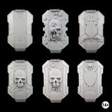 imperial knight breach shields, line up of all six designs. Top left to right 2 rows of 3, plain, cog, heraldry, chaos, mechanical skull and winged crest