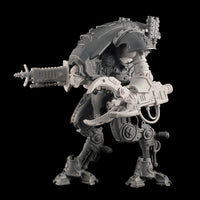 alt="Resin multi part claw arm, assembled on an Imperial knight Armiger, along with skull head and radiation beam gun"