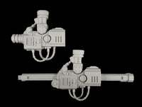 alt="Imperial Knight Resin Combat arm Assembled in two variants, without armour shields"