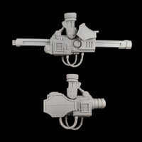 alt="Imperial Knight Resin Combat arm Assembled in two variants, showing use of different armour shields on left hand set up"