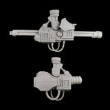 alt="Imperial Knight Resin Combat arm Assembled in two variants, showing use of different armour shields on left hand set up"