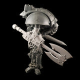 alt="Imperial Knight Resin Combat arm Assembled with double headed axe, on an imperial knight kit, a sword in the background"