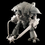 alt="Two Imperial Knight Resin Combat arms assembled on imperial knight, right hand arm with chain and mace head. Left hand arm with sword attachment. Shown with skull head"