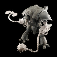 alt="Two Imperial Knight Resin Combat arms assembled on imperial knight, right hand arm swinging chain and axe head. Left hand arm with relaxed chain and spiked ball. Shown with skull head"