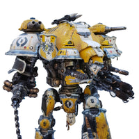 alt="imperial knight dominus shoulder mounted tilt shield shown on yellow painted hawkshroud valiant detail of shoulder"