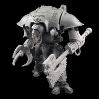 alt="questoris imperial knight modelled with two combat arms, one claw arm and the other with a chainaxe. Both have the additional arm guard plates  along with skull head and gatling pintle mount, making for one awesome looking knight"