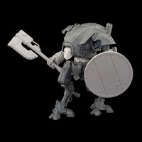 alt="armiger chainaxe modelled on an armiger wielding round shield and skull head"
