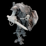 alt="imperial knight armiger model shown with knight head, breach shield, waist extension and combat sword, from the right"