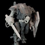 alt="imperial knight armiger model shown with knight head, breach shield, waist extension and combat sword, closer view from the right"