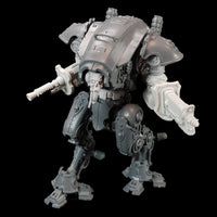 alt="imperial knight armiger modelled with skull head cables looped, radiation beamer, electromagnetic lock and waist extender, aiming to its left"