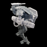 alt="armiger volkite veuglaire assembled on armiger with knight helmet, breach shield and top mounted weapon right view"