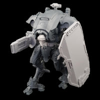 alt="armiger volkite veuglaire assembled on armiger with knight helmet, breach shield and top mounted weapon"