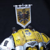 alt="Imperial knight canopy mounted banner pole, painted example on a yellow hawkshroud knight"