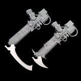 alt="imperial knight blade and scythe ends shown on chainswords that come in the imperial knight kit"