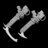 alt="imperial knight blade and scythe ends shown on chainswords that come in the imperial knight kit"