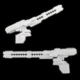 alt="Assembled tau broadside shoulder mounted railguns comparison between barrel lengths with shorter barrel tilted upwards"