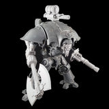 alt="imperial knight canopy mounted gatling cannon assembled amounted atop a knight, full view of knight armed with axe, lightening cannon and santa skull head" 
