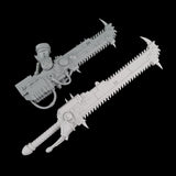 alt="imperial knight chainsword size comparison next to the standard reaper chainsword arm from the chaos knight model kit"