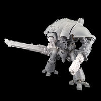 alt="imperial knight chainsword being held in a melee gauntlet on an assembled imperial knight modelled with a resin knight helmet. Sword held at 90 degrees to the right, flat of the blade straight on"