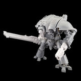 alt="imperial knight chainsword being held in a melee gauntlet on an assembled imperial knight modelled with a resin knight helmet. Sword held at 90 degrees to the right, flat of the blade straight on"