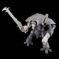 alt="imperial knight chainsword with spikes being held in a melee gauntlet on an assembled imperial knight, sword raised in its right hand ready to strike"