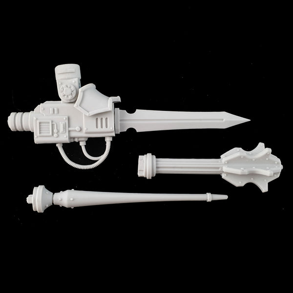 alt="Armiger resin combat arm assembled with sword, lance and mace heads sat separate"