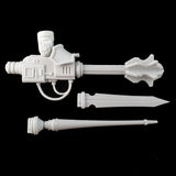alt="Armiger resin combat arm assembled with mace, lance and sword heads sat separate"