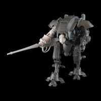 alt="Armiger resin combat arm assembled with lancee, shown on an imperial knight armiger model, with skull head. pictured face on"