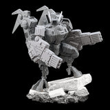 alt="tau coldstar fusion arms assembled on plastic battlesuit, pictured with foot up on concrete slab looking directly at camera"