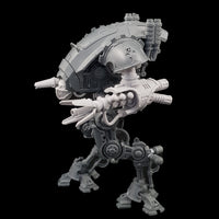 alt="graviton pulsars assembled on imperial knight armiger, also pictured with masked skull head. Left side shown with open petal barrel"