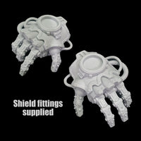 alt="pair of assembled imperial knight melee gauntlets with shield connectors on back of hands"