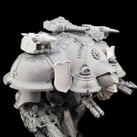 alt="a pair of imperial knight single missile racks mounted on a dominus valiant but shown from the right hand side this time, modelled along with a sneaky dog hair"