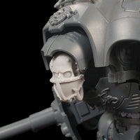 alt="imperial knight masked skull head shown on an assembled imperial knight model kit, shown from the left"