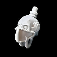 alt="imperial knight masked skull head, a human like skull set with orb like eyes in frowning sockets, an armoured faceplate covers the lower half of the face with cables drooping below"