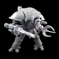 alt="lightning cannon shown assembled on a questoris imperial knight, also pictured with alternate skull head and claw arm. I hope my alt tags are ok by the way" 