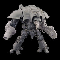 alt="imperial knight buzz saw arm on questoris knight armed with mortar cannon and skull head"