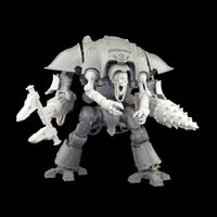 alt="imperial knight mining drill head assembled on imperial knight with loader arm and helping hands, reminiscent of that scene in Aliens. Get your hands off her you bit cha"