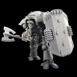 alt="imperial knight mining shield assembled on imperial knight armed with a power axe being held in a gauntlet"