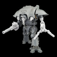 alt="imperial knight model kit with additional lightening cannon, skull head, plasma gun, shield generator and jointed claw arm"