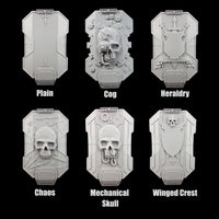 alt="imperial knight breach shields with names, line up of all six designs. Top left to right 2 rows of 3, plain, cog, heraldry, chaos, mechanical skull and winged crest"