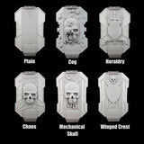 alt="imperial knight breach shields with names, line up of all six designs. Top left to right 2 rows of 3, plain, cog, heraldry, chaos, mechanical skull and winged crest"