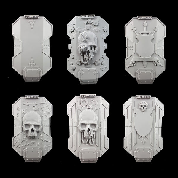 alt="imperial knight breach shields, line up of all six designs. Top left to right 2 rows of 3, plain, cog, heraldry, chaos, mechanical skull and winged crest"
