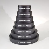 alt="stack of seven black resin oval plinths with text detailing the dimensions of each"
