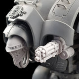 alt="Pintle mounted gatling gun assembled on a questoris imperial knight, pictured with our very own alternate knight head, left hand view"