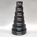 alt="seven black resin oval plinths against white background, stacked into one column with text dimensions for each"