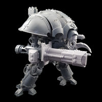 alt="imperial knight volkite Chieorovile assembled and mounted on a questoris imperial knight kit, side view"